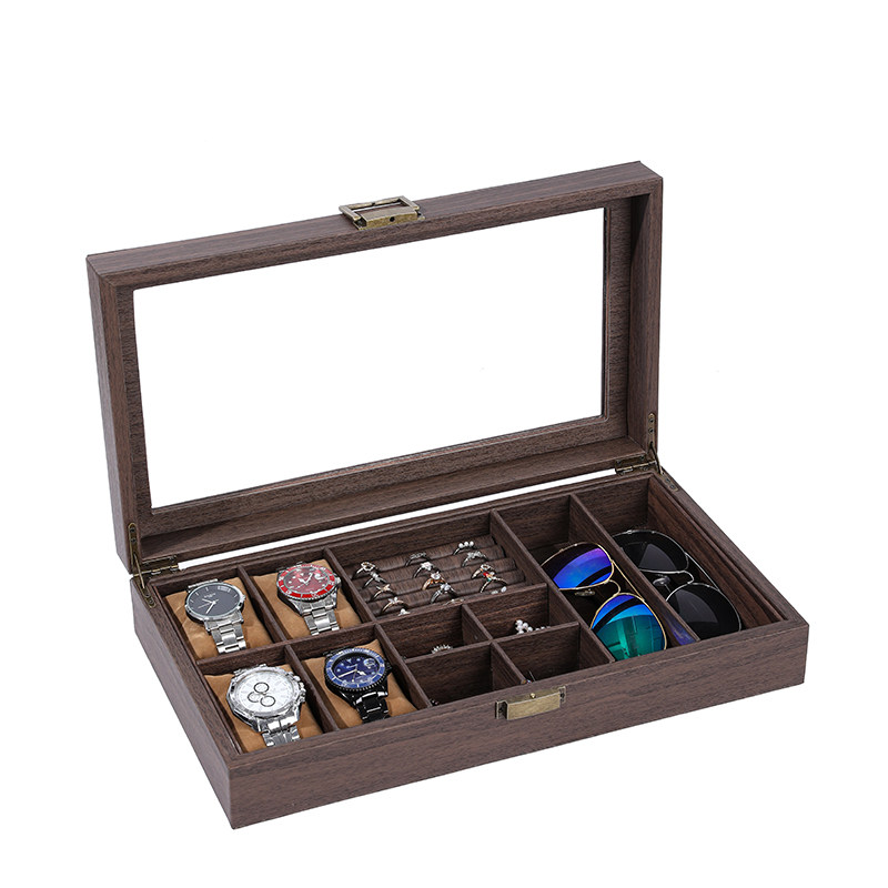 木纹皮多功能眼镜手表首饰一体收纳盒戒指耳钉手链饰品收纳盒子 - 图3