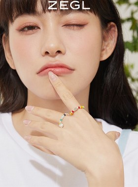 极速韩版时尚彩虹串m珠银戒指女设计小众2203年彩色爱心笑脸食指