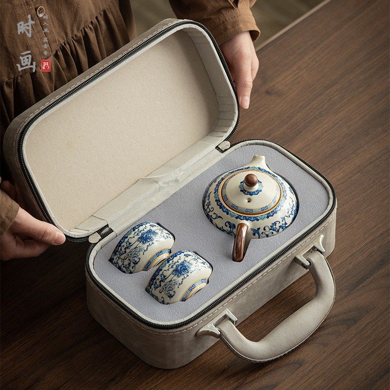 青花汝窑缠枝莲一壶二杯旅行功夫茶具套装高档便携新春送礼送礼盒,淘宝优惠券,粉丝福利购,淘宝优惠卷