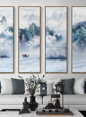 新品新中式客厅沙发背景墙装v饰画茶室竖版禅意壁画办公室山水风