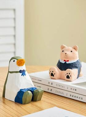 新品可爱企鹅手机架创意动物木y雕办公室桌面装饰小摆件女孩生日