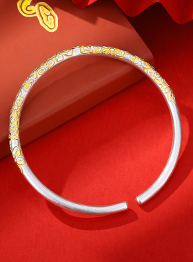 古法描金樱花银手镯足银9999年轻款级感国潮实心开口纯银镯子女