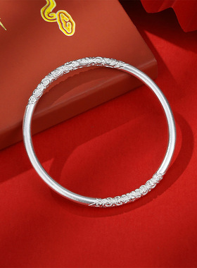 繁花足银9999古法祥云闭口银手镯女新中式级感复古风实心银镯子