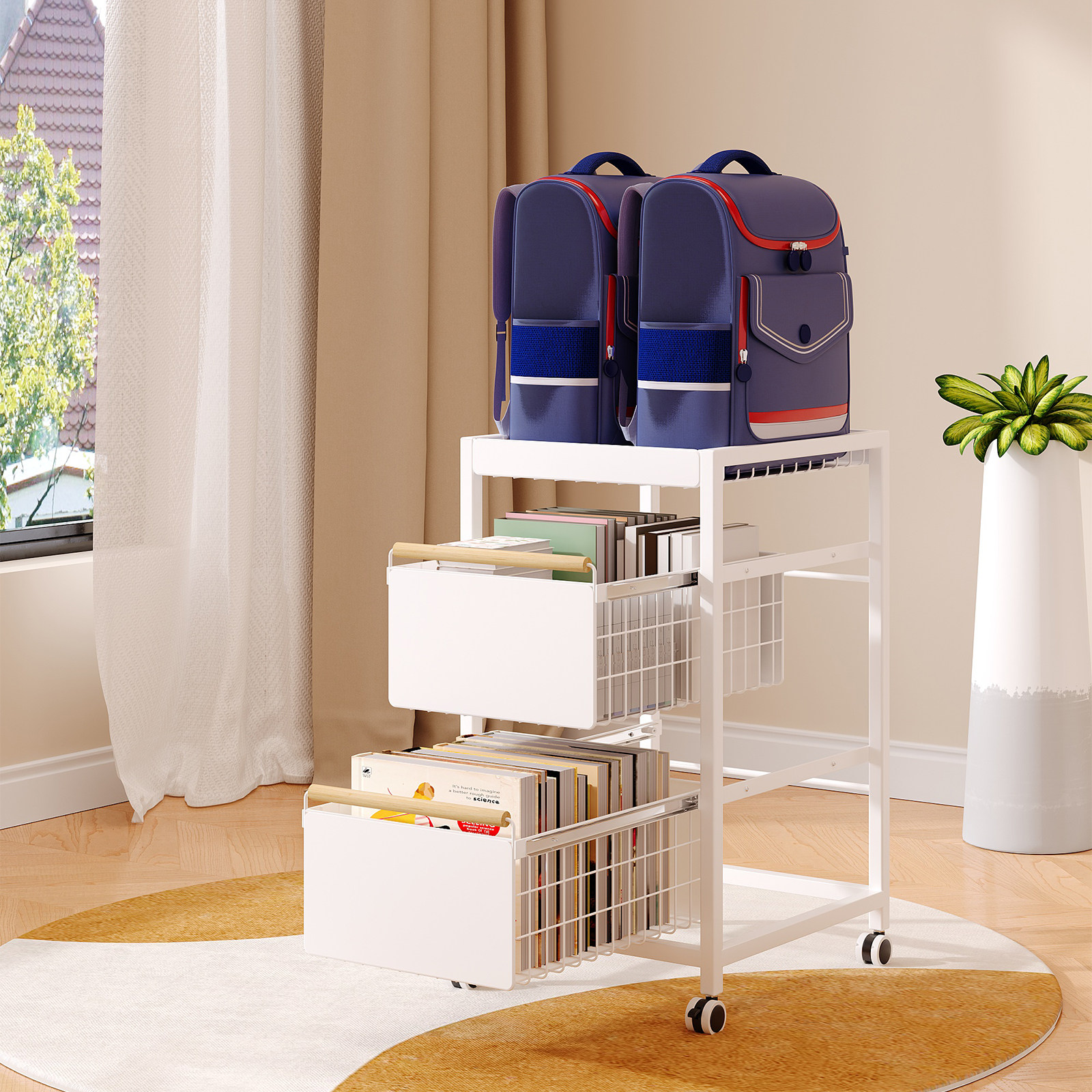 书包置物架可移动家用夹缝放包小推车桌下带轮书本收纳神器书架柜,淘宝优惠券,粉丝福利购,淘宝优惠卷