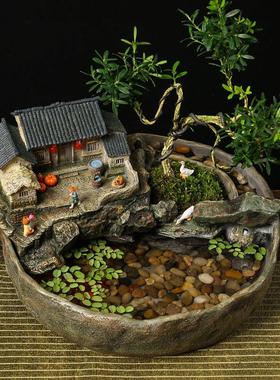 中式创意鱼缸流水摆件循环水客厅办公室装饰品桌面微景观开 业礼