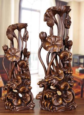 莲花鲤鱼摆件实木雕年年有余乔迁新家居礼品客厅玄关柜新中式装饰