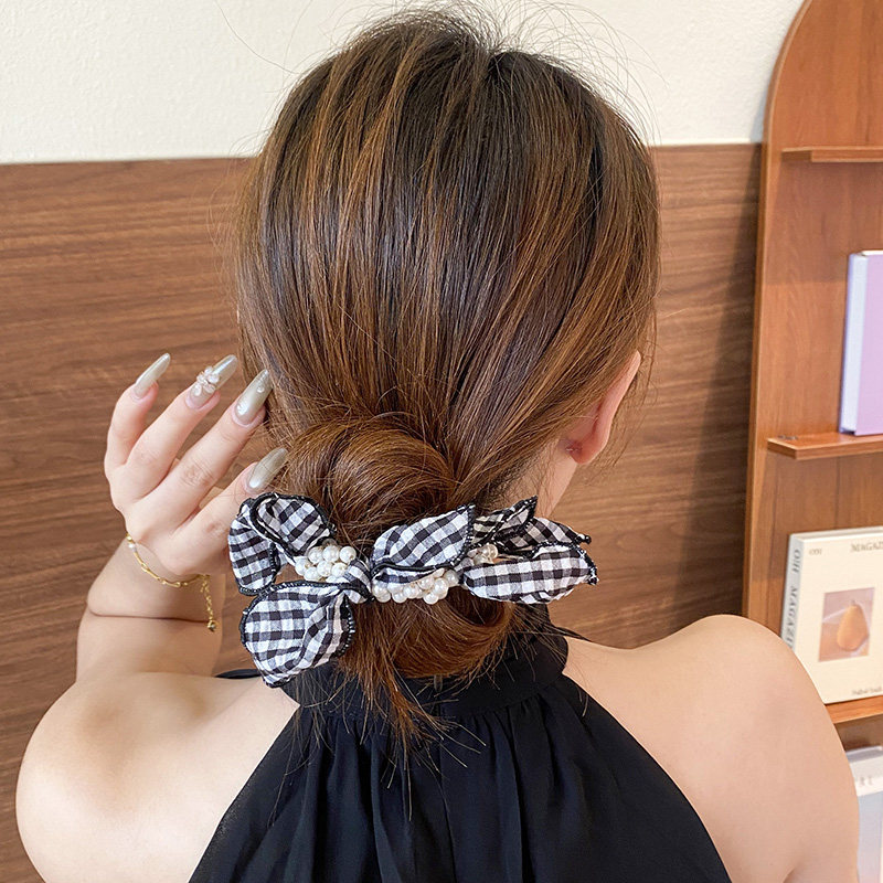 韩国发饰少女清新黑白格纹蝴蝶结珍珠小肠发圈文艺气质头绳扎发绳,淘宝优惠券,粉丝福利购,淘宝优惠卷