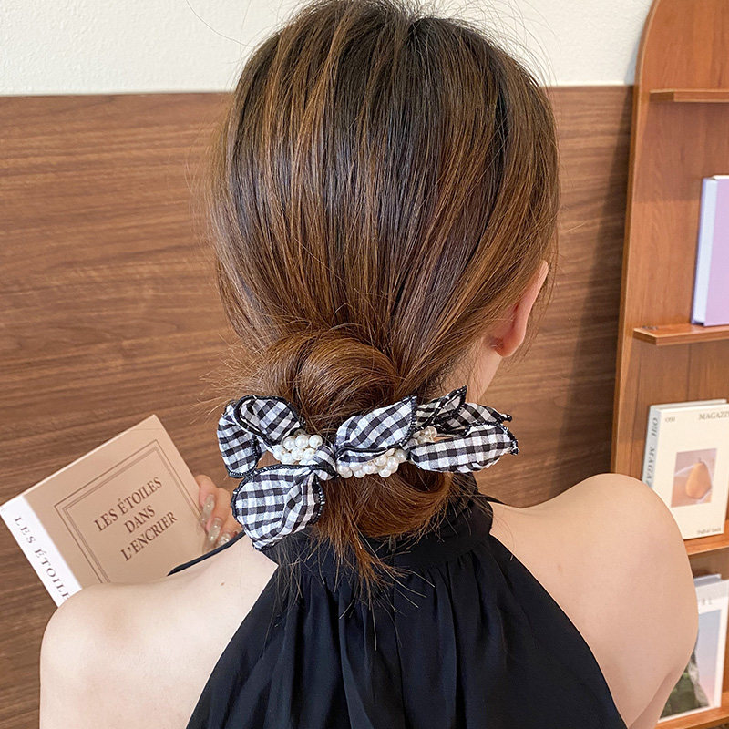 韩国发饰少女清新黑白格纹蝴蝶结珍珠小肠发圈文艺气质头绳扎发绳,淘宝优惠券,粉丝福利购,淘宝优惠卷
