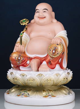 极速汉白玉彩绘坐莲弥勒佛菩x萨如意大肚笑佛家居供奉办公室招财