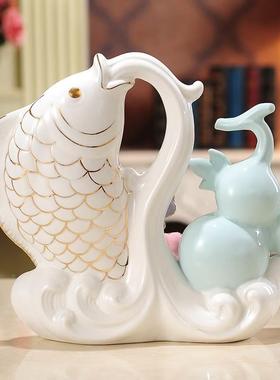 极速l大件象陶瓷视客厅s摆招财鱼卧室次房间装饰品开业酒柜家居电