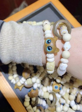 极速绿檀木猫咪头搭配菩提根奶酪女款手链 金丝竹陶瓷W配件 可爱