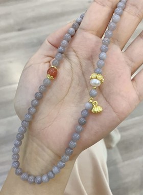 极速天然a和田玉烟紫色两圈女款女款手链 6mm左右和田玉灰色手串