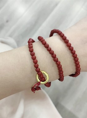极速朱砂小颗粒4mm左右多圈女款手链 3圈酒红色T朱砂女款多圈手串
