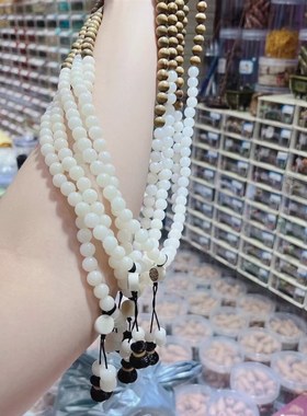 极速绿檀木搭配白l玉菩提根多圈女款手链 双色菩提子四圈手串 可