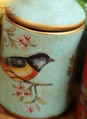 极速法式乡村做旧花鸟带盖收纳罐B储物瓶桌面摆件家居饰品陶瓷装