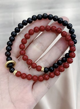 极速原矿朱砂g搭配黑檀木两圈女款女款手链 大气黑红拼色手串 小