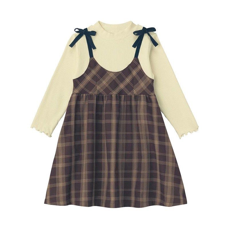 女童假两件连衣裙秋冬款加厚吊带蝴蝶结甜美裙子中大童格子亲子装,淘宝优惠券,粉丝福利购,淘宝优惠卷