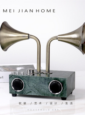 简约复古留声机大理石双头播音机摆件样板间玄关柜电视柜软装饰品