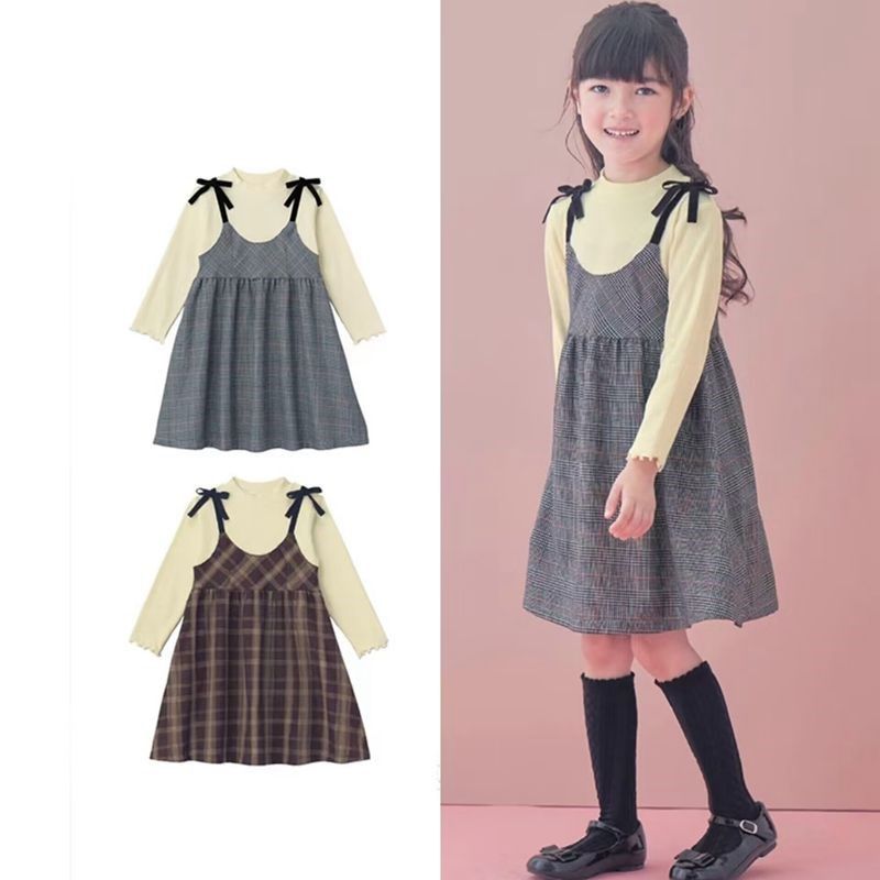 女童假两件连衣裙秋冬款加厚吊带蝴蝶结甜美裙子中大童格子亲子装,淘宝优惠券,粉丝福利购,淘宝优惠卷