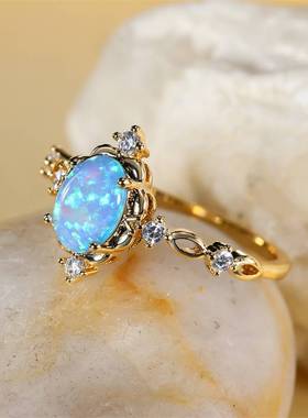 极速Oval Cut Mystic Blue White BFire Opal Rings For Women Go