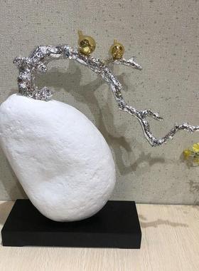 树脂工艺品家居摆件创意礼品 砂岩石头树枝鸟 装饰品动物摆件