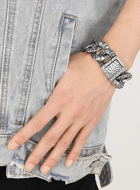 ROCK PUNK朋克风宽版做旧花纹手链欧美复古潮流潮流霸气轻奢饰品