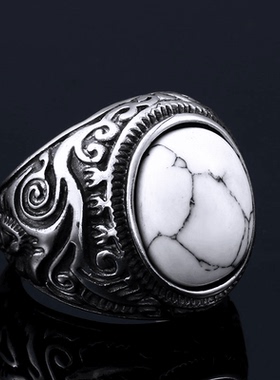 ROCK PUNK气质高级感钛钢镶嵌虎眼石松石戒指 黑色男女士时尚配饰