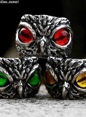 ROCK PUNK朋克风潮牌境新款猫头鹰钛钢戒指复古恶魔之眼霸气男士