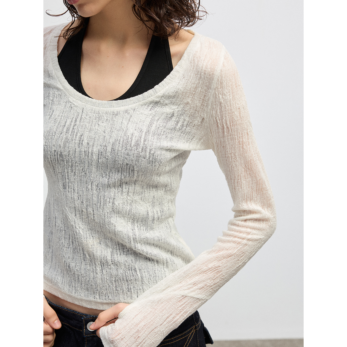 NUMBER HERE 天然光泽感优质羊毛轻盈高级质感真两件长袖T恤 - 图0