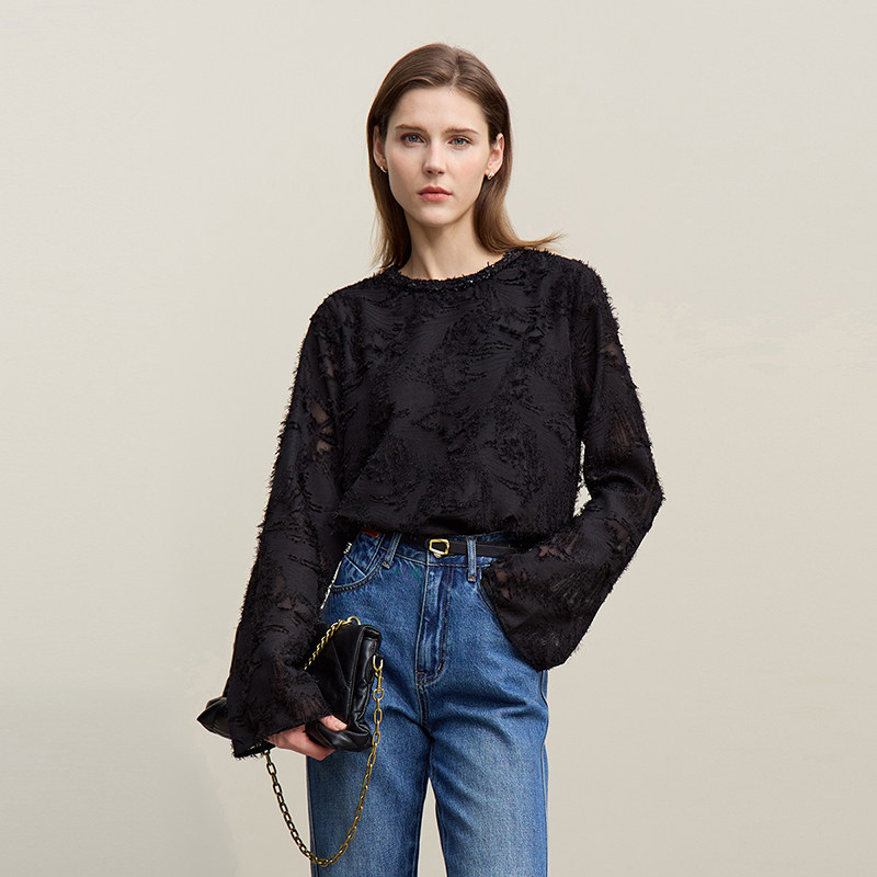 Amii2026春新款圆领拼香风织带凤尾剪花肌理雪纺衫女喇叭袖上衣,淘宝优惠券,粉丝福利购,淘宝优惠卷