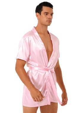 极速Men Sissy Satin Lace Kimono NightRobe NighQtwear SeeThro
