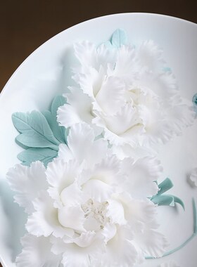 极速陶瓷c白牡丹花挂盘新中式摆件家居客厅电视柜办公室装饰品乔