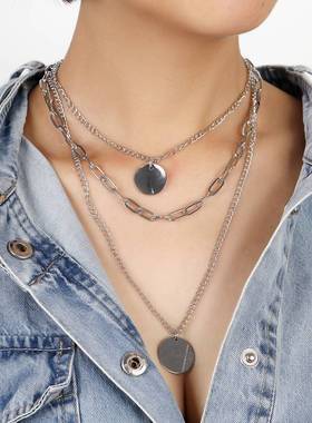 极速Jewelry geometric round metal pendIant necklace tend exa