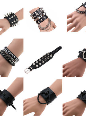 极速男士手链f原宿哥特式O形手镯手环演出街舞PU皮圆环酒吧金属腕