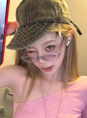 品牌韩版小椭圆Y2K甜美猫眼墨镜女多巴胺浅紫色旅游海边网红太阳