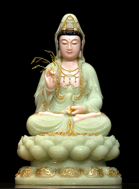 娑婆三圣坐像 汉白玉佛像 翠玉镶金观音菩萨地藏王释迦牟尼佛摆件