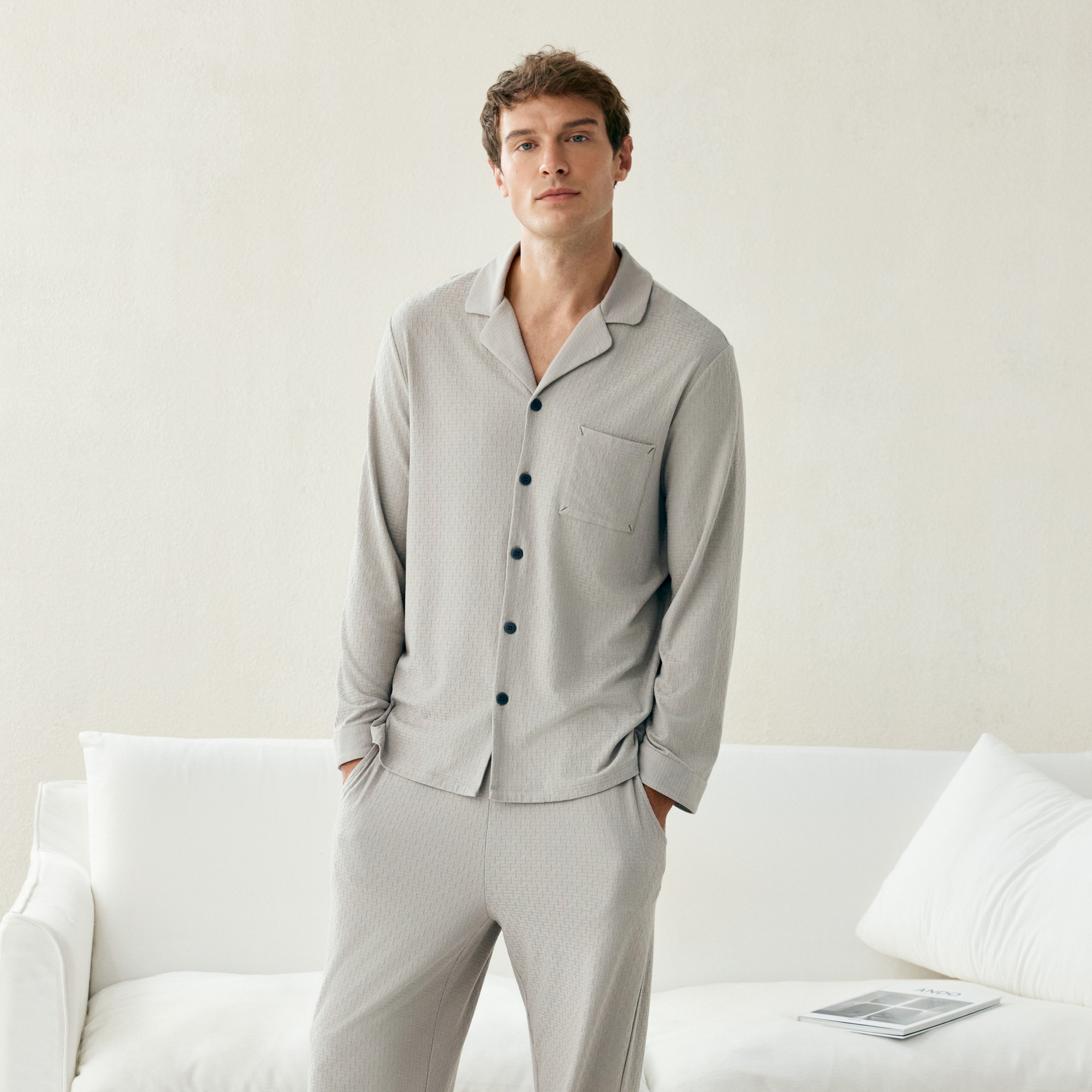 郁凡诗25新款睡衣男秋冬翻领开衫简约休闲家居服纯色长袖长裤套装,淘宝优惠券,粉丝福利购,淘宝优惠卷