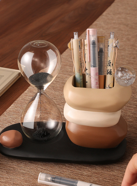 简约石头沙漏笔筒摆件