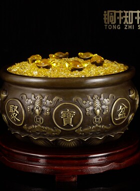 纯黄铜聚宝盆工艺品聚宝盆办公室家居客厅装饰品彩绘聚宝盆摆件