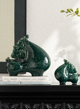 新中式墨绿色马陶瓷办公室装饰摆件客厅玄关桌面高档茶室酒柜摆饰
