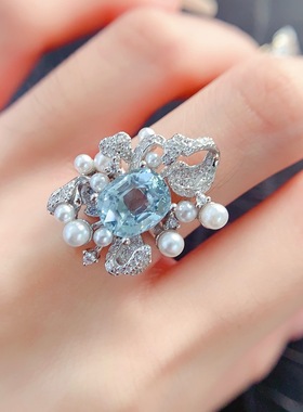 天然瑞士蓝托帕石戒指时尚设计s925纯银情侣戴女戴