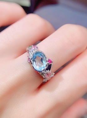 蓝托帕石戒指开口戒精致莫桑钻戒公主戒风男女情侣银戒指小水滴