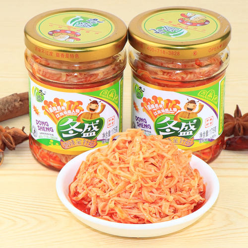 冬盛金针菇香辣175g下饭小餐即食瓶装金针菇拌饭拌面休闲辣味零食 - 图0