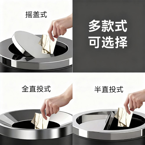 港式桶不锈钢垃圾桶商用酒店大堂立式翻盖圆形座地果皮桶商场大号 - 图2