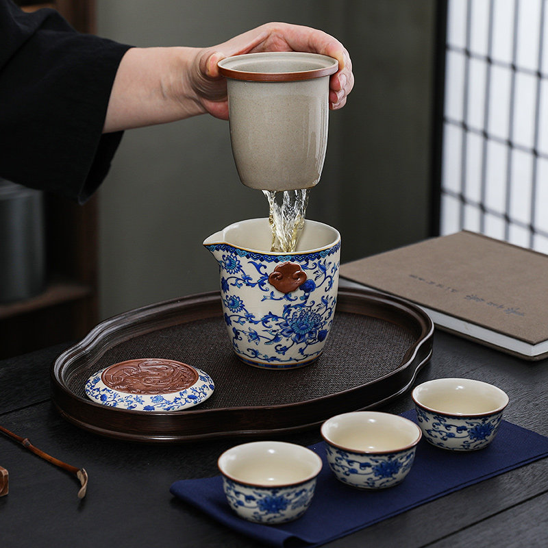 Portable quick cup, one pot, three cups, travel tea set, Ru Kiln Kung Fu tea cup, outdoor car-mounted tea making
