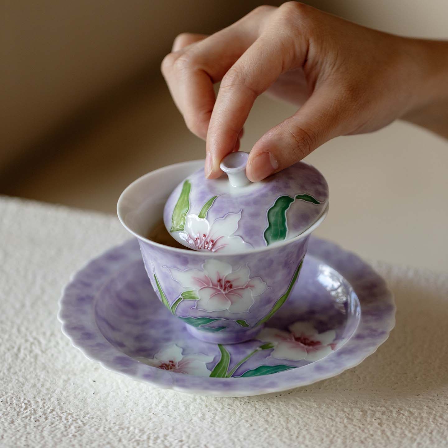 梵汝有田烧手绘百合花二才盖碗高颜值女士专用陶瓷泡茶碗功夫茶具,淘宝优惠券,粉丝福利购,淘宝优惠卷