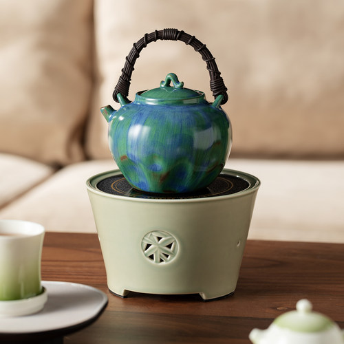 梵汝 复古做旧陶瓷藤编提梁壶高端日式煮茶炉禾风茶具电陶炉套装 - 图1