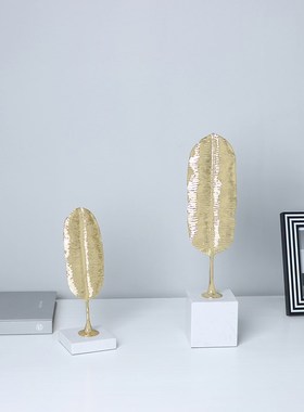 意式轻奢金色羽毛金属摆件软装饰品玄关办公室书房书柜工艺品摆设