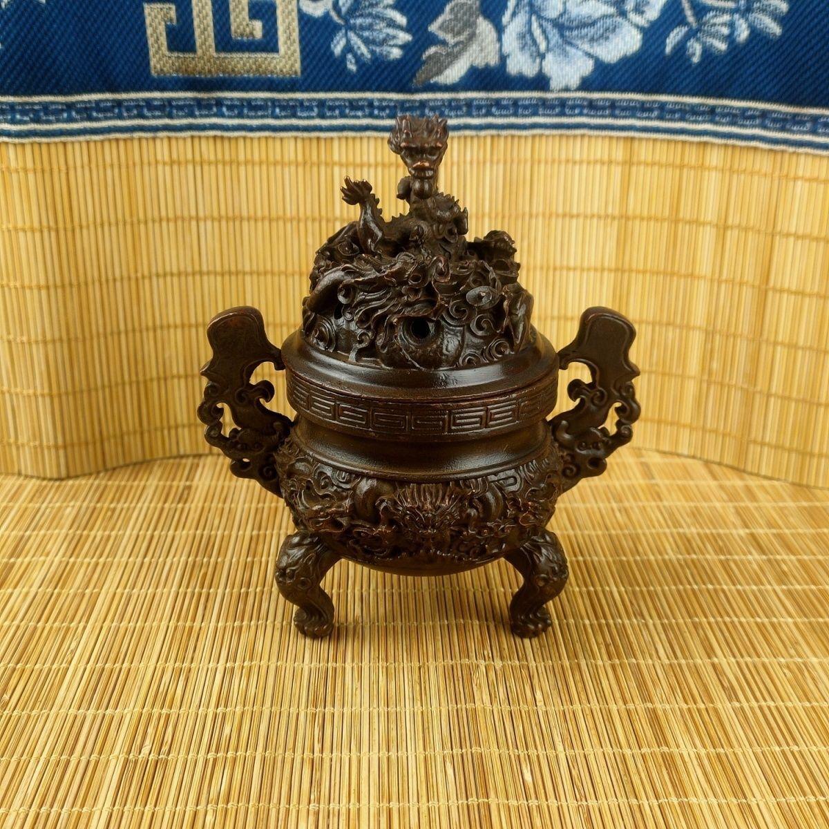 做旧仿古铜九龙香炉摆件复古文玩民间香炉三足二龙戏珠香薰炉工艺 - 图0