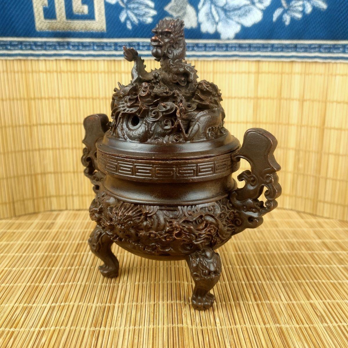 做旧仿古铜九龙香炉摆件复古文玩民间香炉三足二龙戏珠香薰炉工艺 - 图2